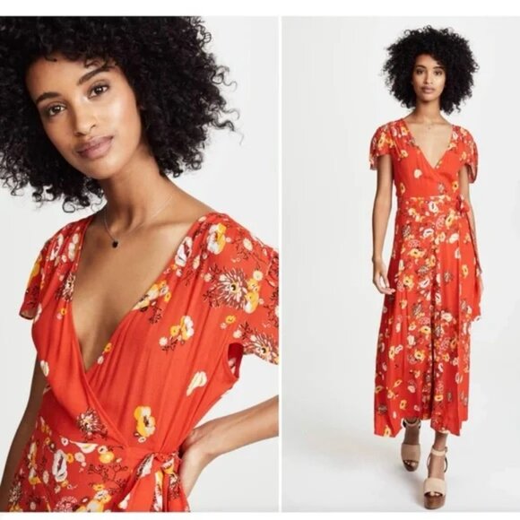 Free People Gorgeous Jess Wrap Floral Maxi Dress In Red Multi Size M EUC - Picture 1 of 16